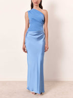 Damen One-Shoulder Plissee Maxikleid Hochzeitskleid für Hochzeitsgäste