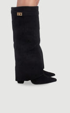 Damen Kniehohe Umschlagstiefel in Wildlederoptik – Faltstiefel mit goldener Schnalle, Herbst Winter