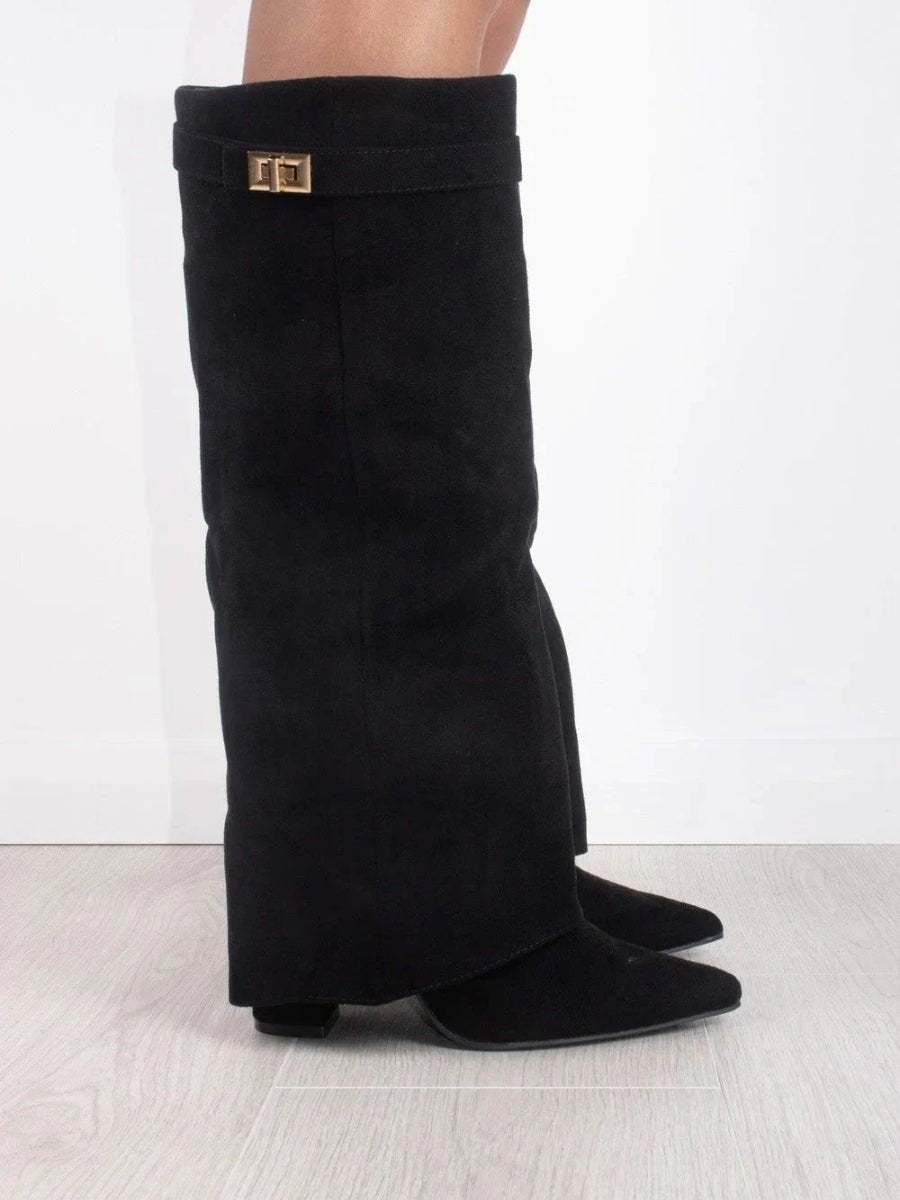 Damen Kniehohe Umschlagstiefel in Wildlederoptik – Faltstiefel mit goldener Schnalle, Herbst Winter