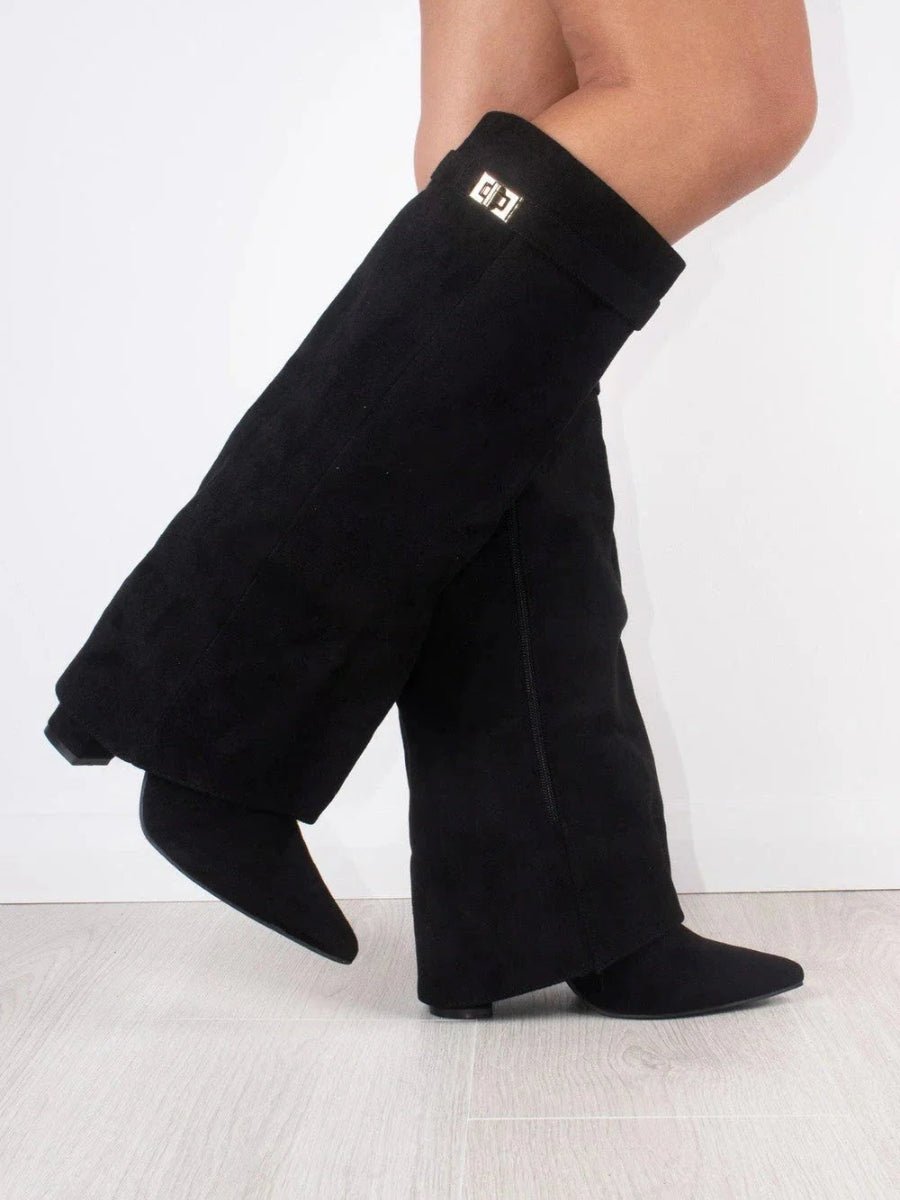 Damen Kniehohe Umschlagstiefel in Wildlederoptik – Faltstiefel mit goldener Schnalle, Herbst Winter