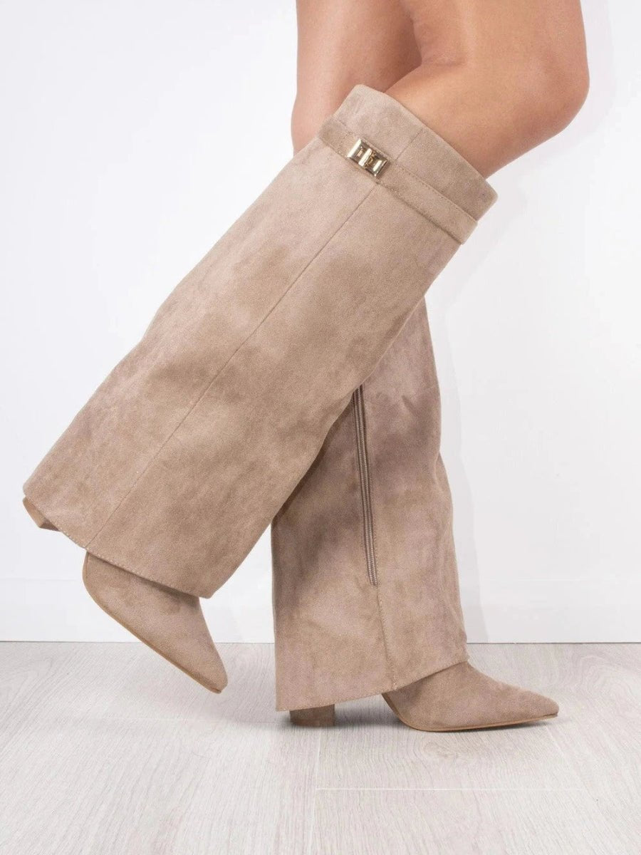 Damen Kniehohe Umschlagstiefel in Wildlederoptik – Faltstiefel mit goldener Schnalle, Herbst Winter