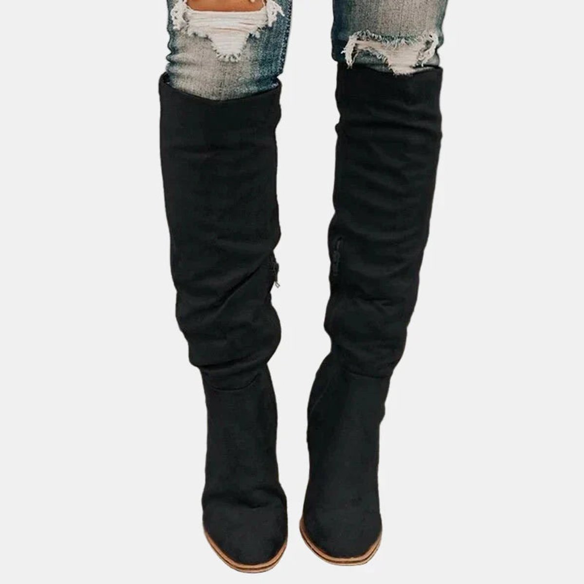 Damen Overknee-Stiefel mit Blockabsatz und seitlichem Reißverschluss