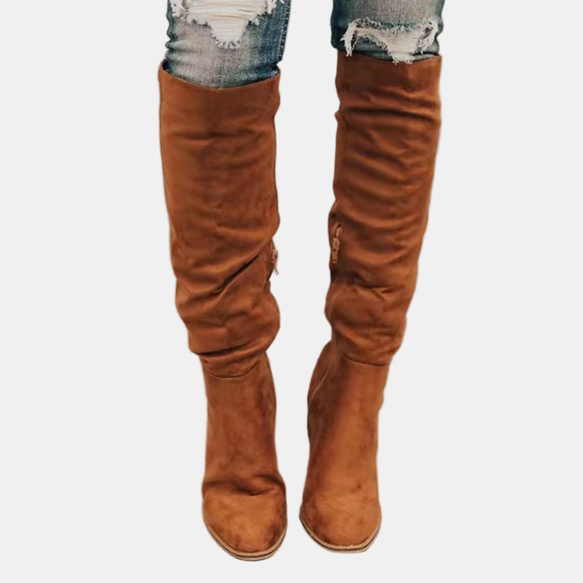 Damen Overknee-Stiefel mit Blockabsatz und seitlichem Reißverschluss