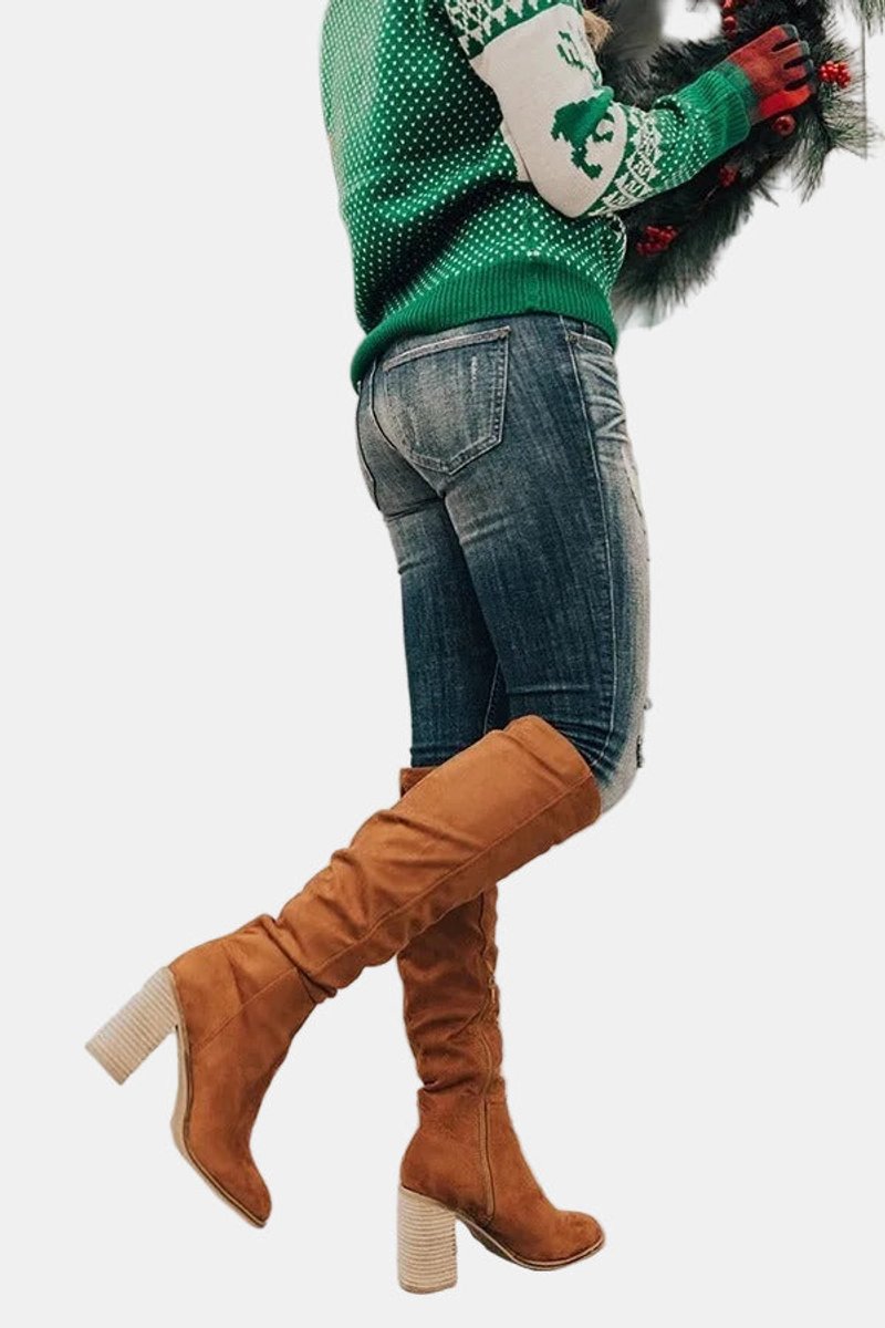 Damen Overknee-Stiefel mit Blockabsatz und seitlichem Reißverschluss