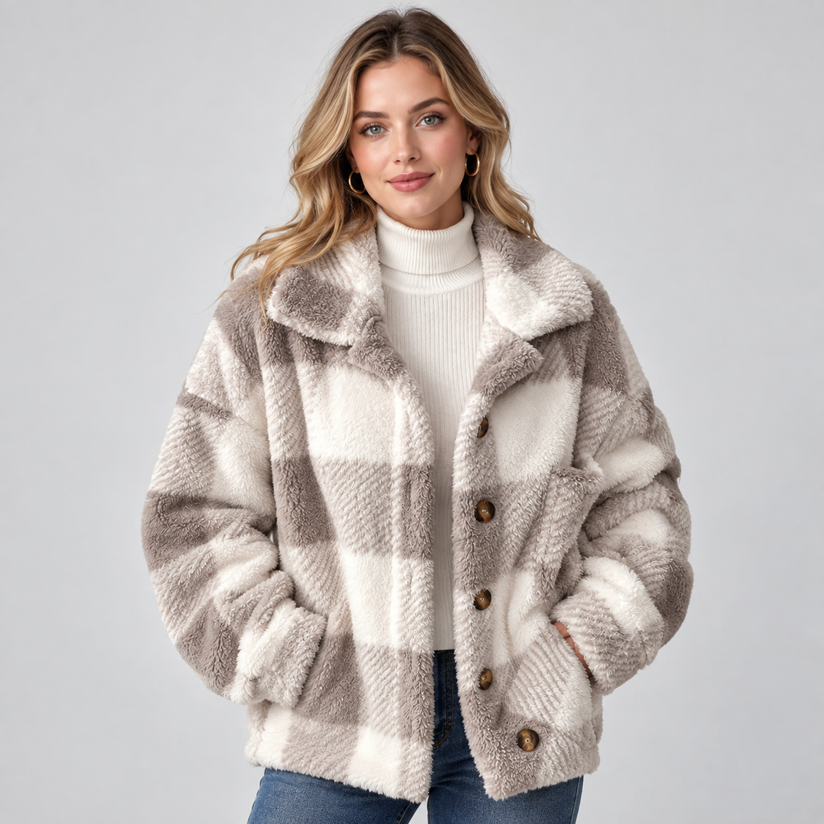 Damen Karierte Teddy-Hemdjacke – Oversize Shacket mit Knopfleiste, Herbst Winter