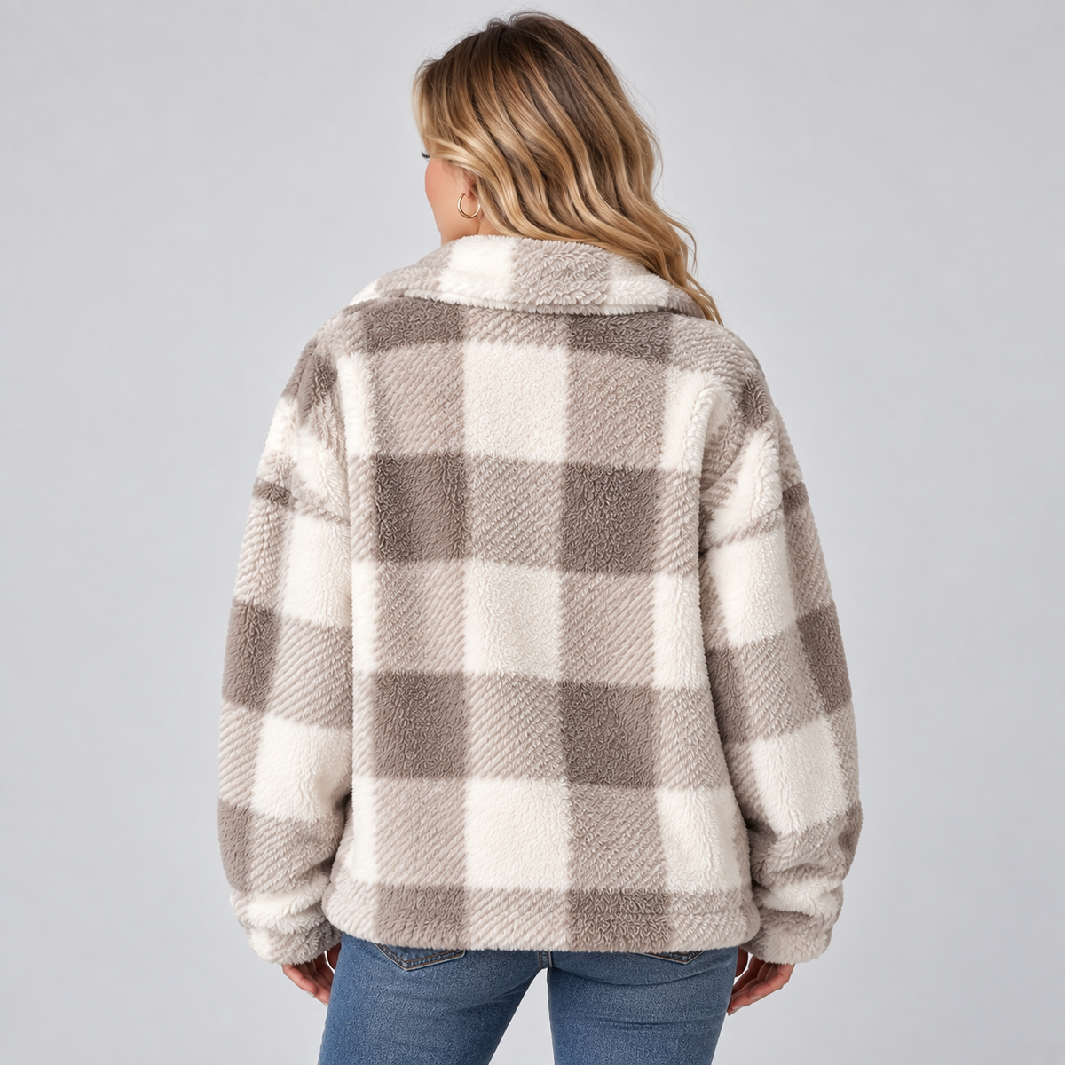 Damen Karierte Teddy-Hemdjacke – Oversize Shacket mit Knopfleiste, Herbst Winter