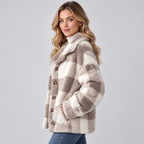 Damen Karierte Teddy-Hemdjacke – Oversize Shacket mit Knopfleiste, Herbst Winter
