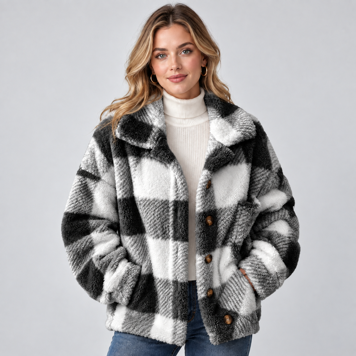 Damen Karierte Teddy-Hemdjacke – Oversize Shacket mit Knopfleiste, Herbst Winter