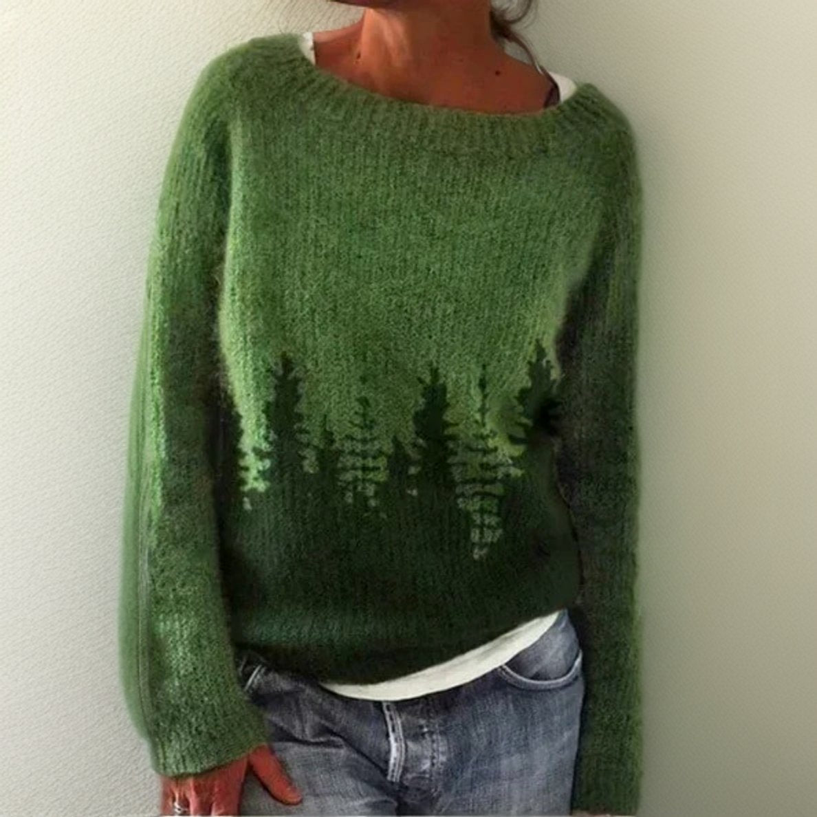 Damen Oversize-Strickpullover mit Rundhalsausschnitt und Tannenbaum-Muster