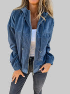 Damen Oversized-Cordjacke mit Kapuze, Reißverschluss und Brusttasche