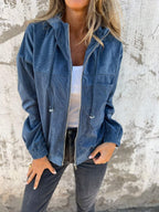 Damen Oversized-Cordjacke mit Kapuze, Reißverschluss und Brusttasche