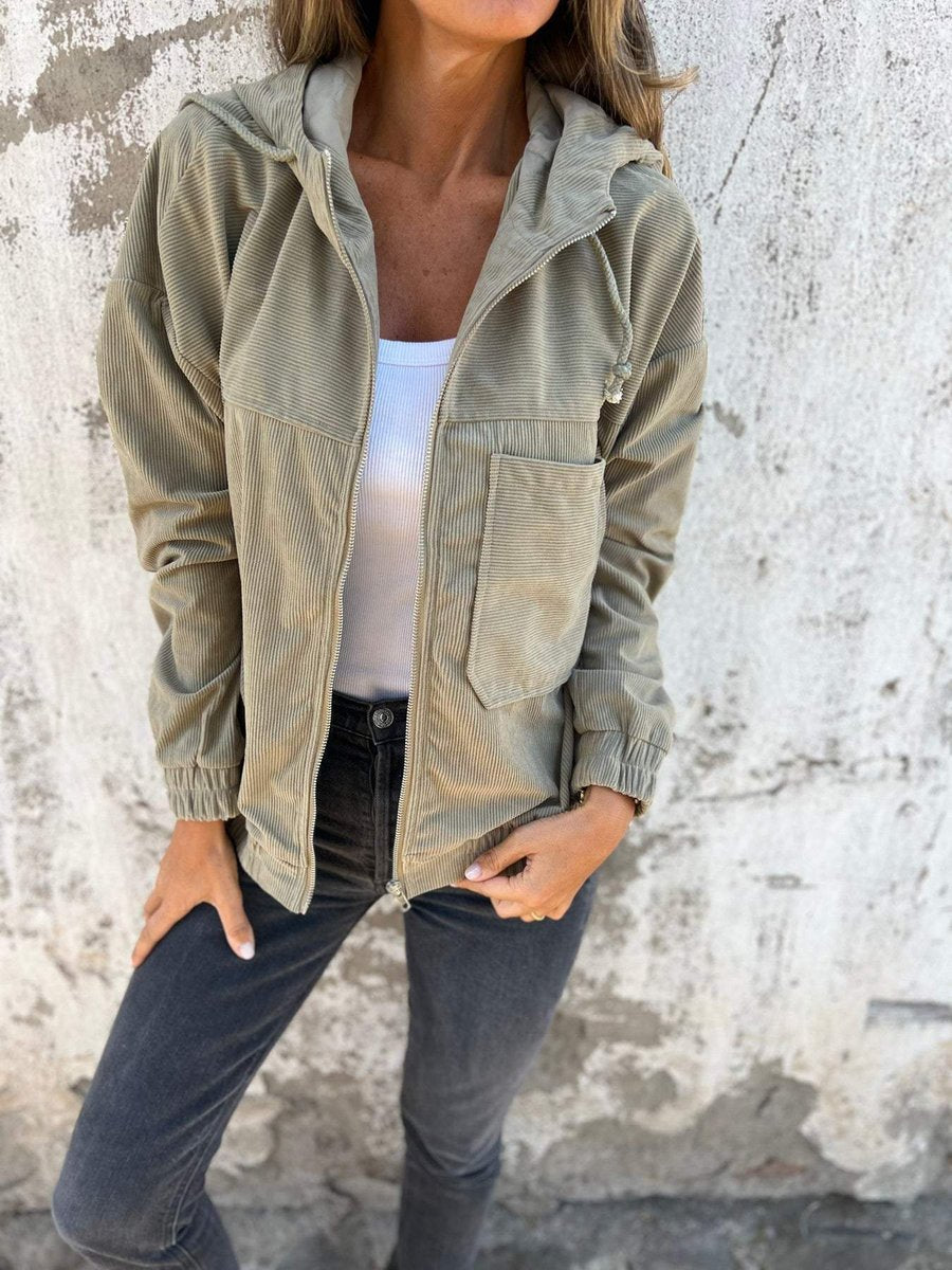 Damen Oversized-Cordjacke mit Kapuze, Reißverschluss und Brusttasche