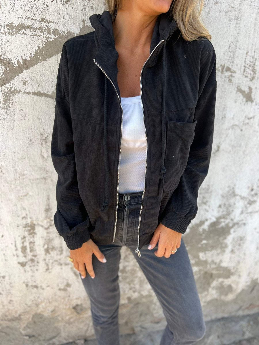Damen Oversized-Cordjacke mit Kapuze, Reißverschluss und Brusttasche