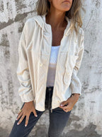 Damen Oversized-Cordjacke mit Kapuze, Reißverschluss und Brusttasche
