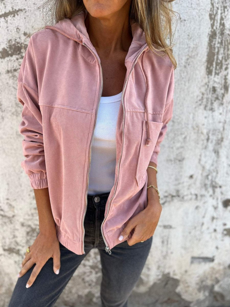 Damen Oversized-Cordjacke mit Kapuze, Reißverschluss und Brusttasche