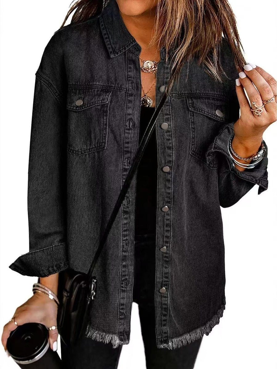 Damen Oversized-Jeansjacke mit Fransen, Knopfleiste und Brusttaschen