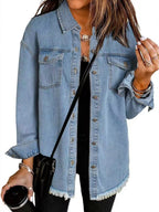 Damen Oversized-Jeansjacke mit Fransen, Knopfleiste und Brusttaschen
