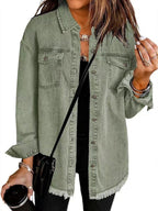Damen Oversized-Jeansjacke mit Fransen, Knopfleiste und Brusttaschen