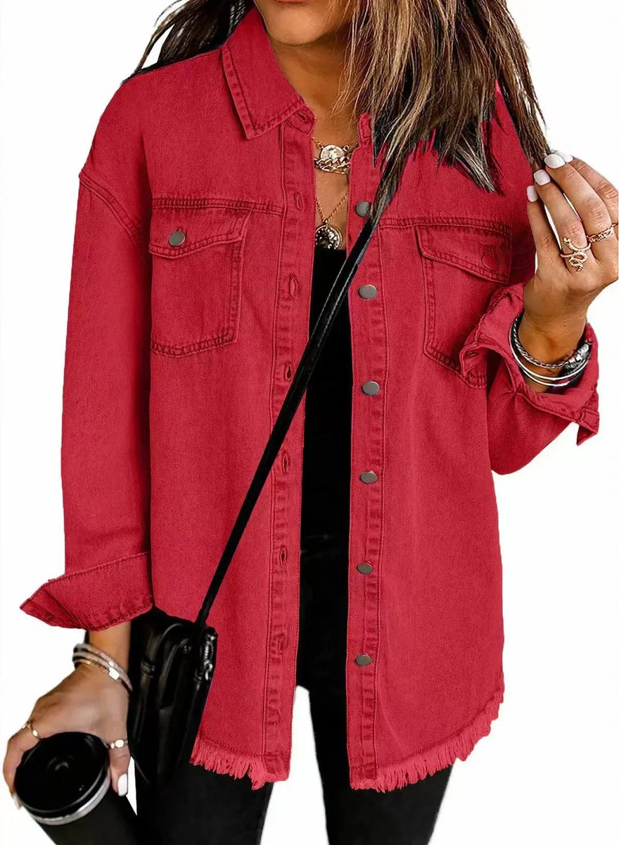 Damen Oversized-Jeansjacke mit Fransen, Knopfleiste und Brusttaschen