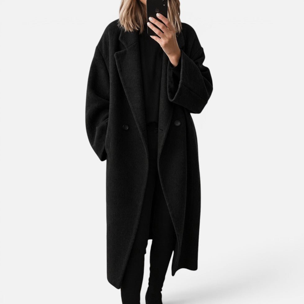 Damen Oversized-Langmantel mit Doppelknopfleiste und strukturiertem Wollmix