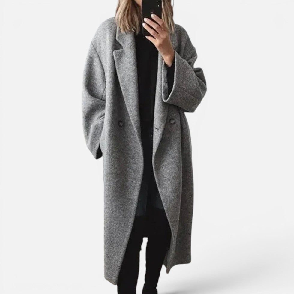 Damen Oversized-Langmantel mit Doppelknopfleiste und strukturiertem Wollmix