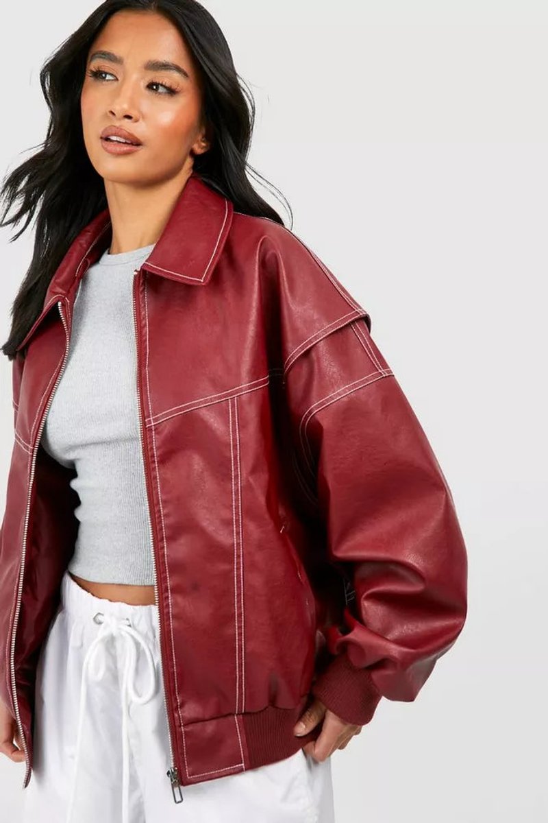 Damen Oversized-Steppjacke aus Kunstleder mit Kontrastnähten und Reißverschluss