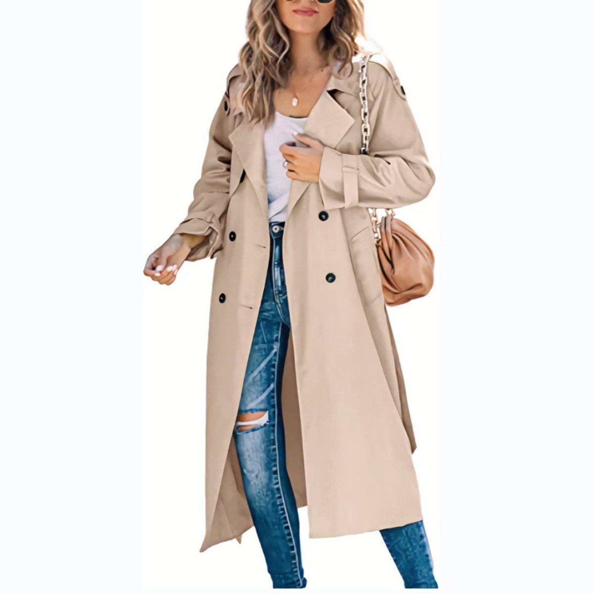 Damen Oversized-Trenchcoat mit Bindegürtel, Doppelknopfleiste und klassischem Revers