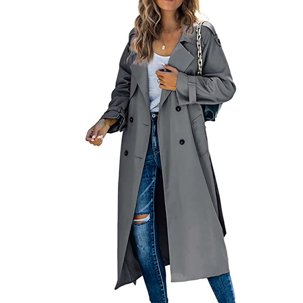 Damen Oversized-Trenchcoat mit Bindegürtel, Doppelknopfleiste und klassischem Revers