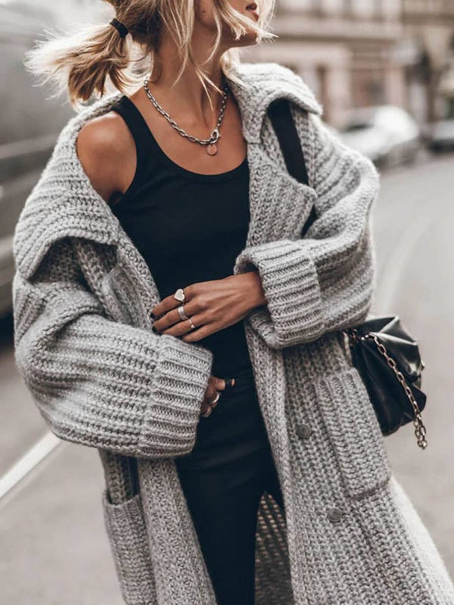 Damen Oversized Grobstrick-Cardigan mit Revers und Knopfleiste