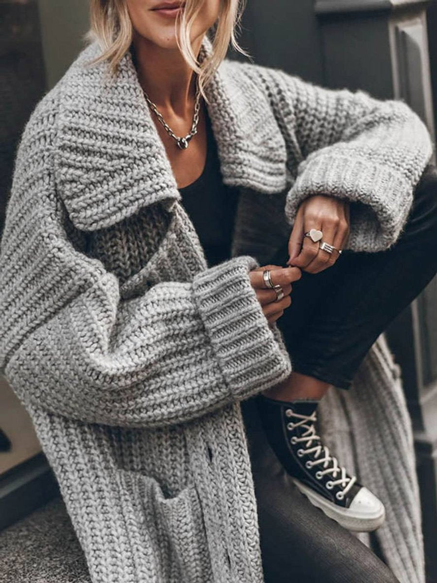 Damen Oversized Grobstrick-Cardigan mit Revers und Knopfleiste