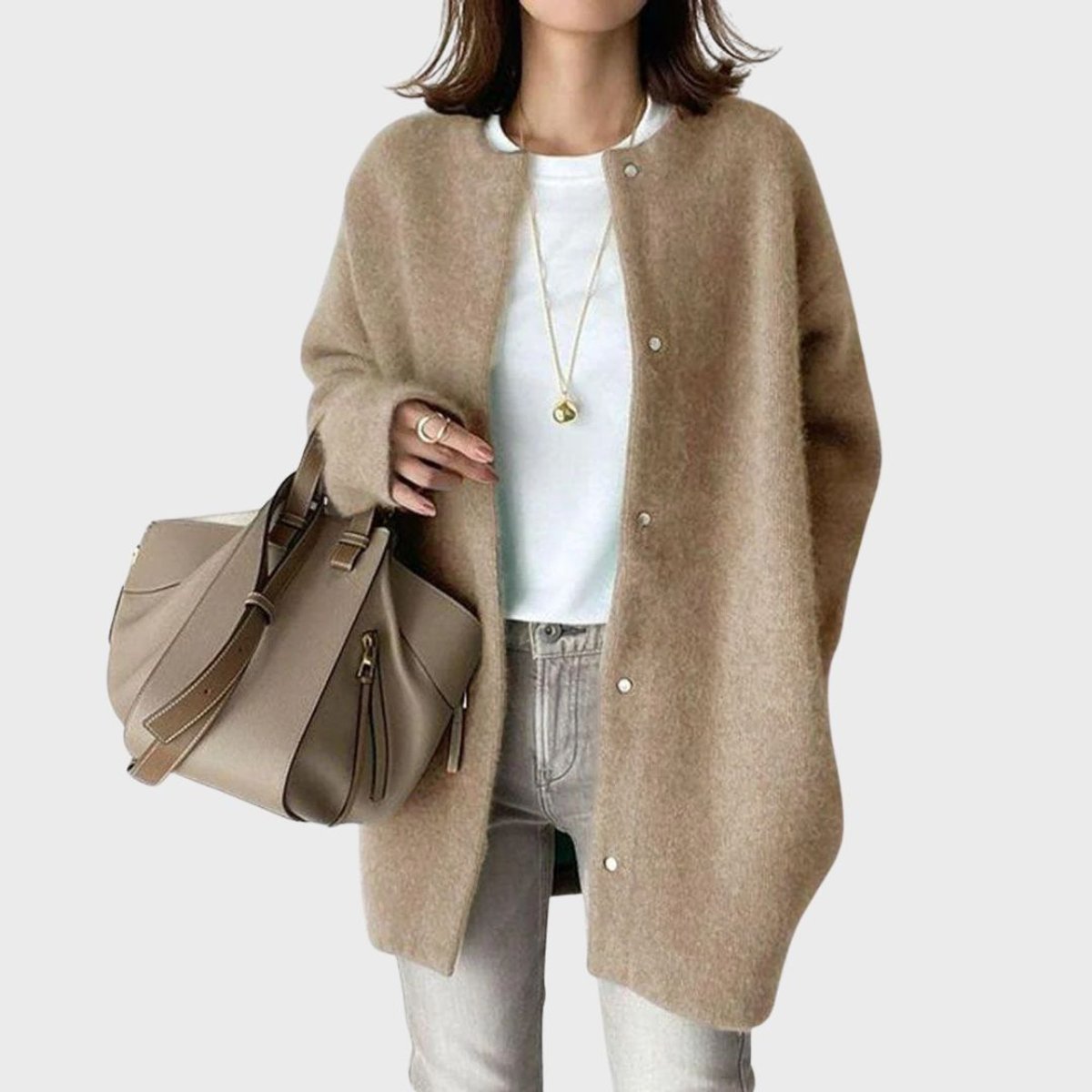 Damen Oversized Kaschmir-Cardigan mit Druckknopfleiste