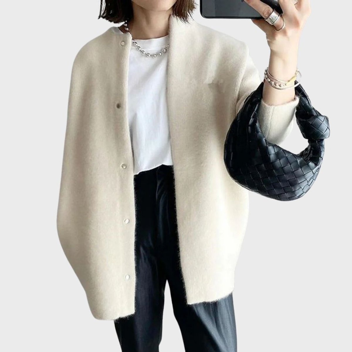 Damen Oversized Kaschmir-Cardigan mit Druckknopfleiste