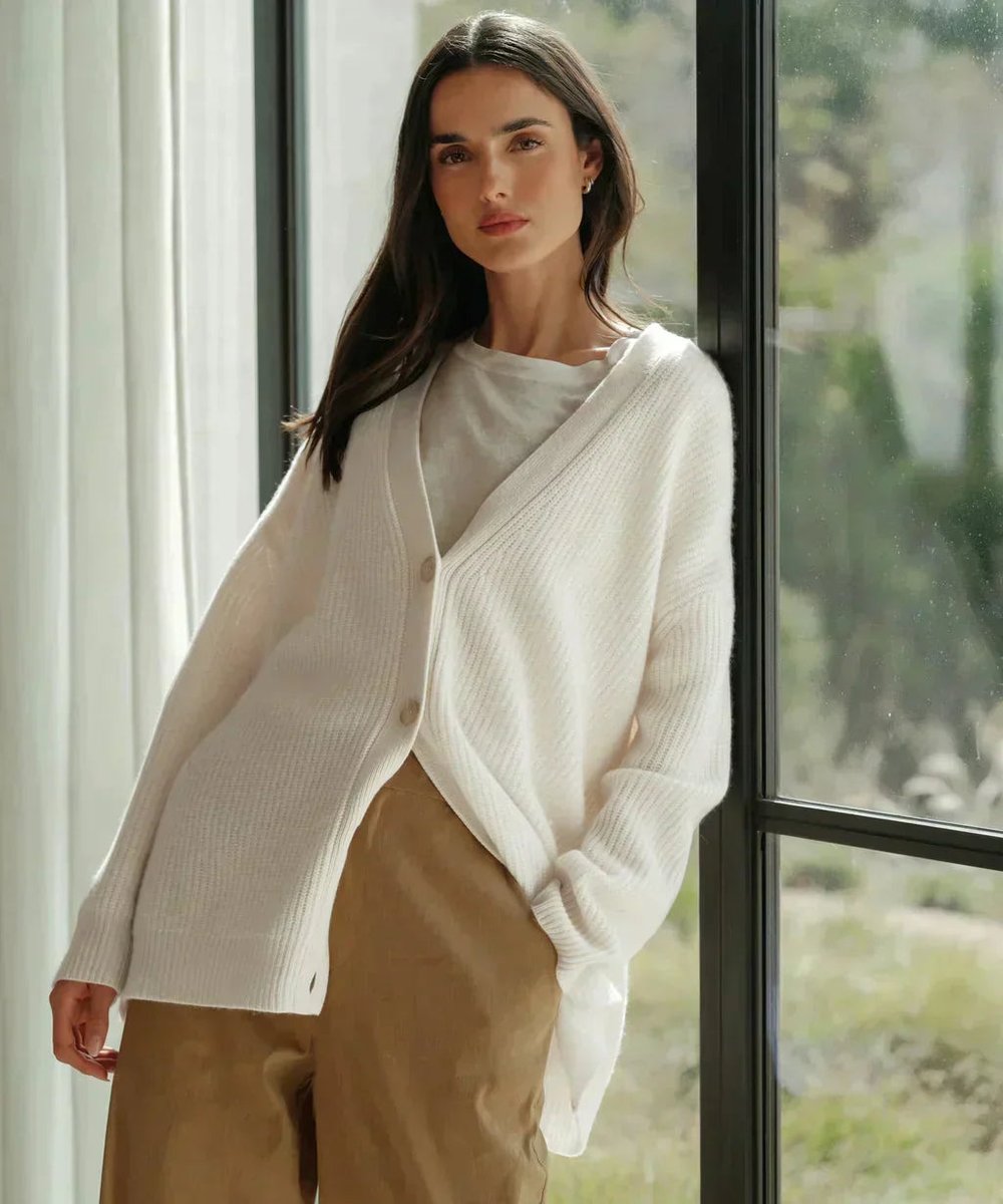 Damen Oversized Kaschmir-Cardigan mit V-Ausschnitt und Knopfleiste