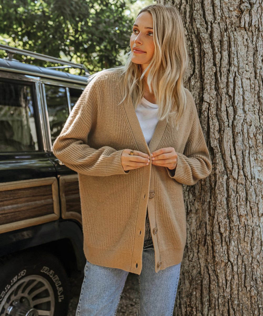 Damen Oversized Kaschmir-Cardigan mit V-Ausschnitt und Knopfleiste