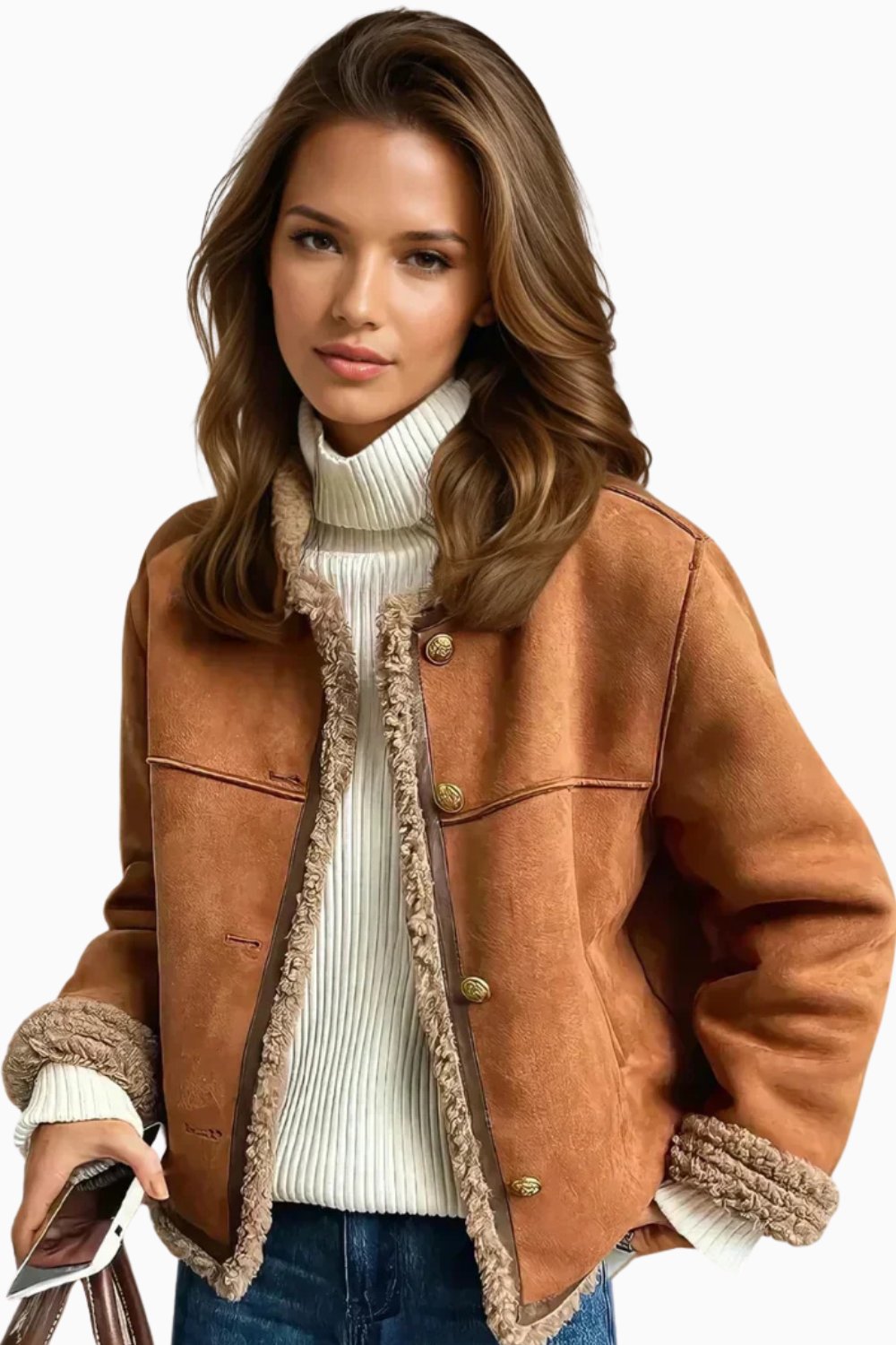 Damen Oversized Kunstschaffell-Jacke mit Sherpa-Futter und Knopfleiste