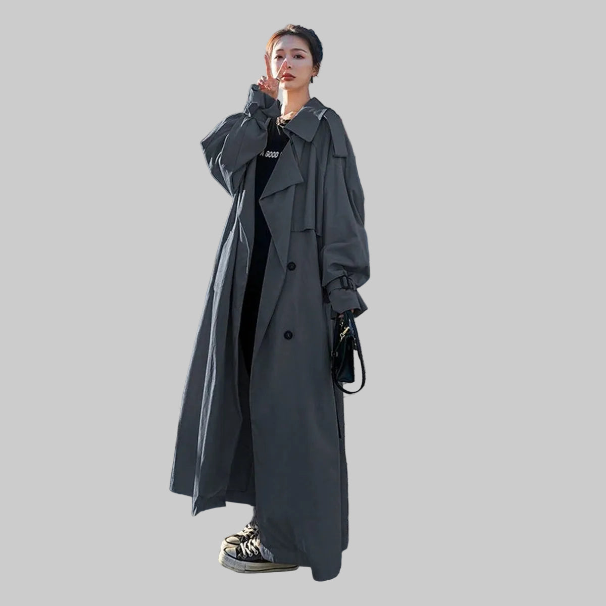 Damen Oversized Maxi-Trenchcoat mit zweireihiger Knopfleiste und Bindegürtel
