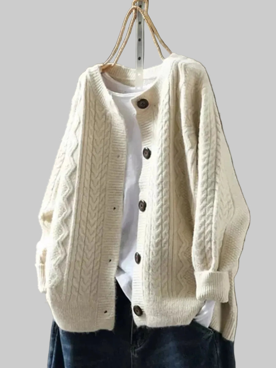 Damen Oversized Strickcardigan mit Zopfmuster, Rippbündchen und Knopfleiste