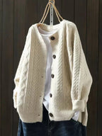 Damen Oversized Strickcardigan mit Zopfmuster, Rippbündchen und Knopfleiste