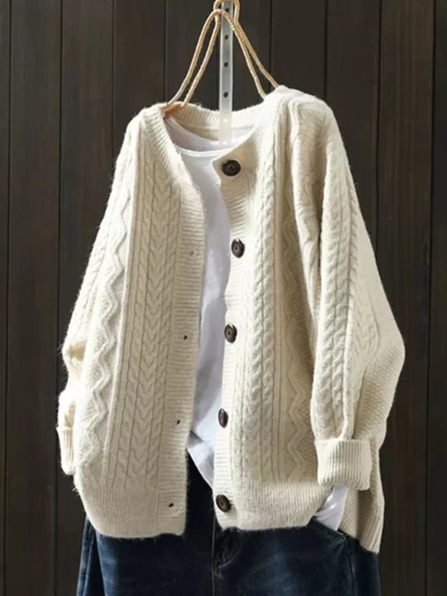 Damen Oversized Strickcardigan mit Zopfmuster, Rippbündchen und Knopfleiste