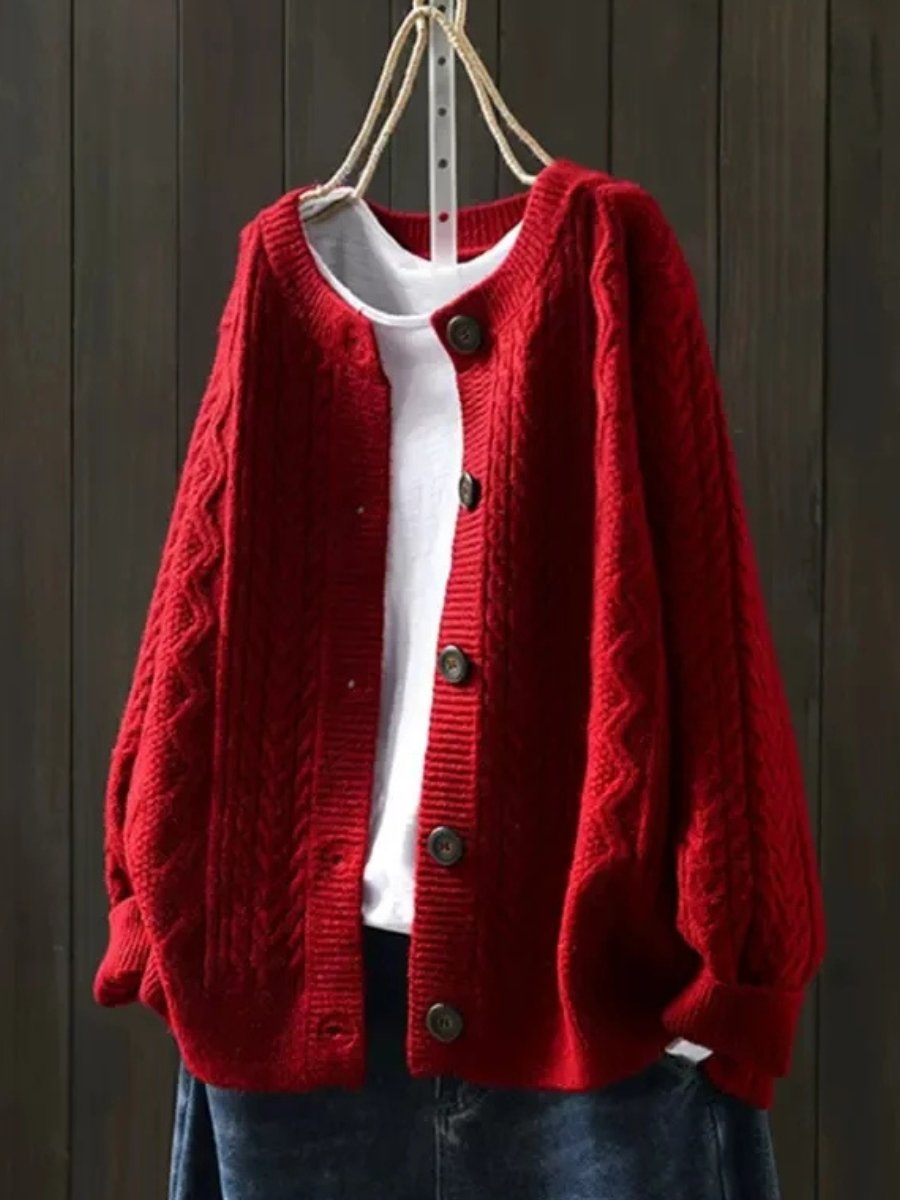 Damen Oversized Strickcardigan mit Zopfmuster, Rippbündchen und Knopfleiste