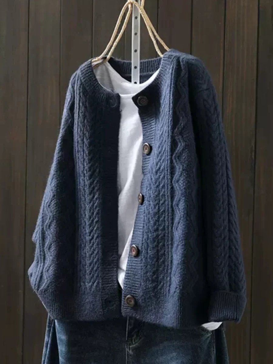 Damen Oversized Strickcardigan mit Zopfmuster, Rippbündchen und Knopfleiste