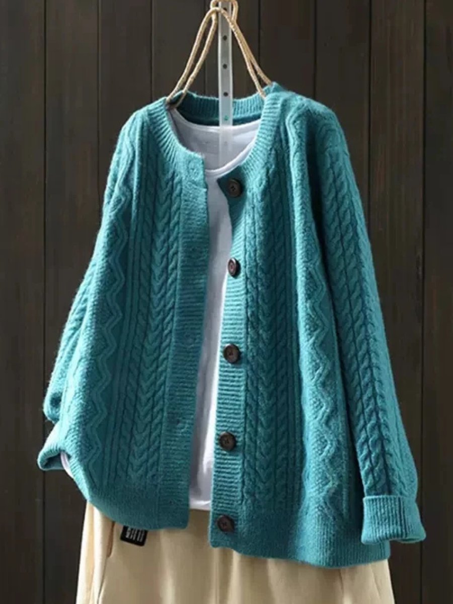 Damen Oversized Strickcardigan mit Zopfmuster, Rippbündchen und Knopfleiste
