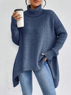 Damen Oversized Rollkragenpullover mit Rippstruktur und verlängertem Saum