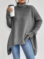Damen Oversized Rollkragenpullover mit Rippstruktur und verlängertem Saum