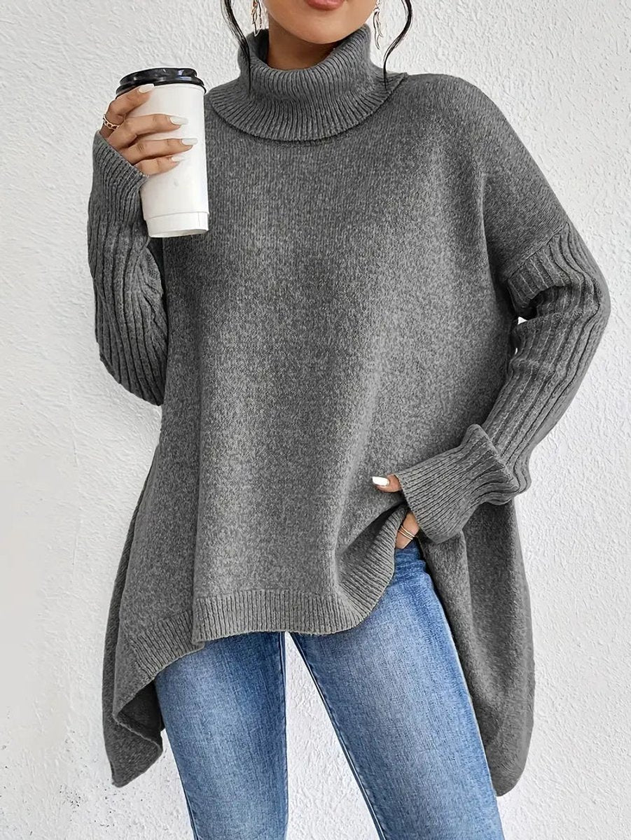 Damen Oversized Rollkragenpullover mit Rippstruktur und verlängertem Saum