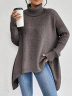 Damen Oversized Rollkragenpullover mit Rippstruktur und verlängertem Saum
