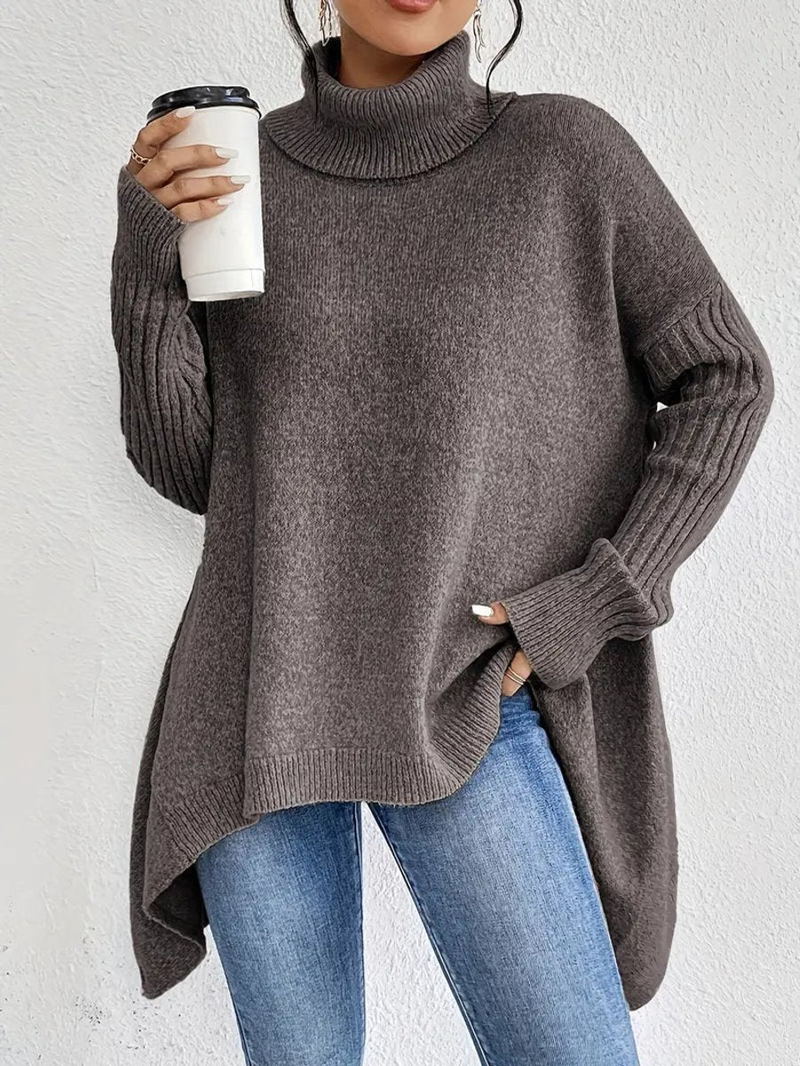 Damen Oversized Rollkragenpullover mit Rippstruktur und verlängertem Saum