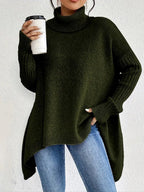 Damen Oversized Rollkragenpullover mit Rippstruktur und verlängertem Saum