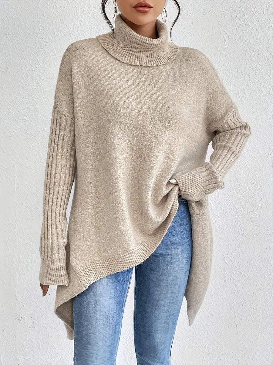 Damen Oversized Rollkragenpullover mit Rippstruktur und verlängertem Saum