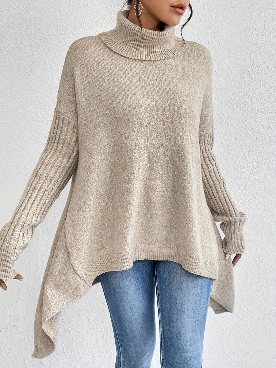 Damen Oversized Rollkragenpullover mit Rippstruktur und verlängertem Saum